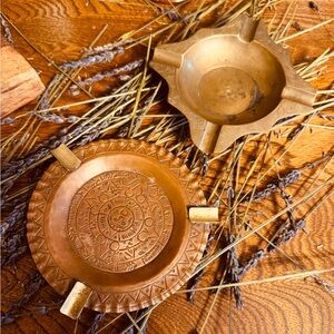 Vintage Mid-Century Brass and Aztec/Mayan/Mexican Calendar Copper Ashtrays